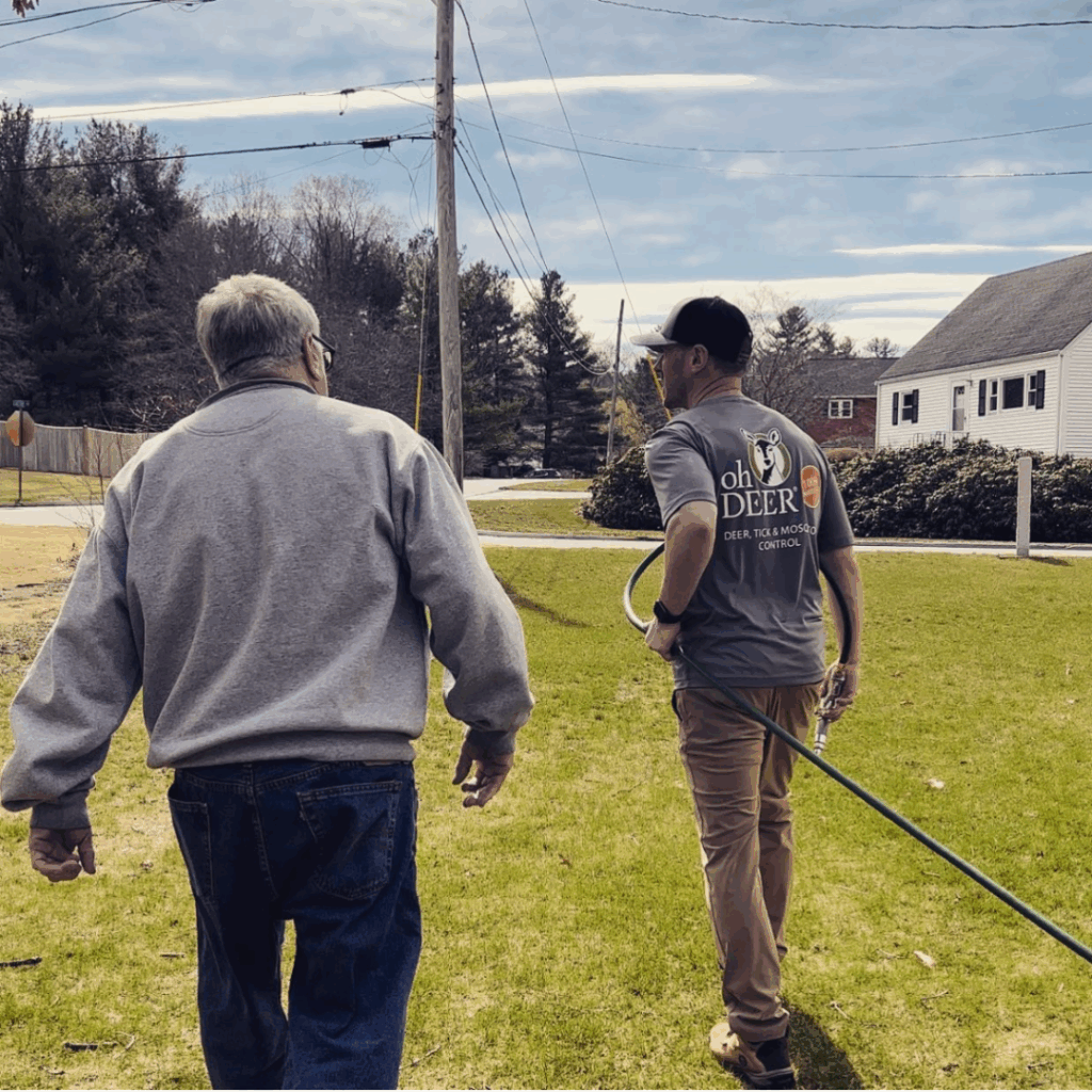 ohDEER North Middlesex owner Bob Gaska talking with a customer walking on their property 