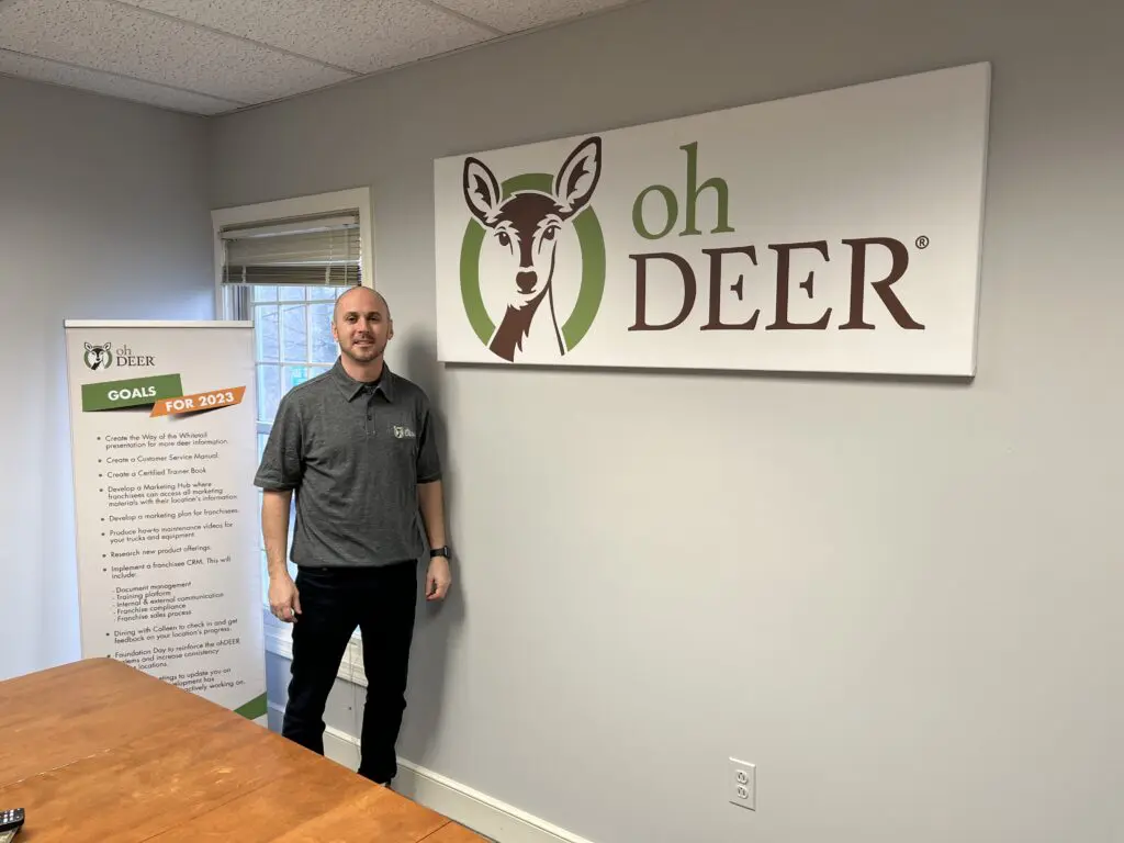 ohDEER North Middlesex owner Bob Gaska next to ohDEER sign at home office 