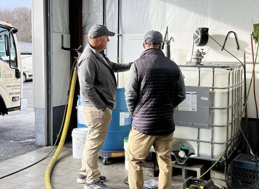 ohDEER founder Kurt Upham talking with North Middlesex owner Bob Gaska in a shop 