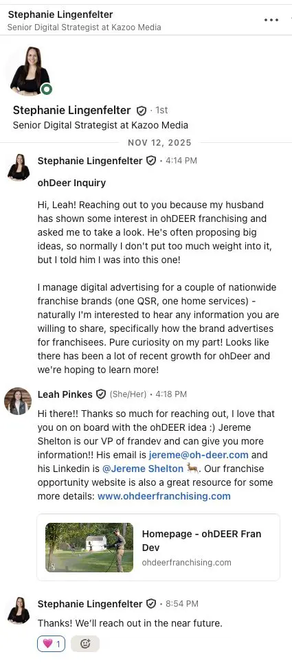 Leah Pinkes LinkedIn DM with ohDEER North KC owner Stephanie 