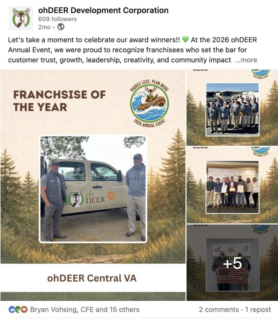 ohDEER 2026 Franchisee Award winners LinkedIn post 