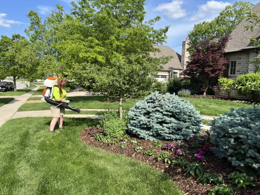 Sarah Lucco spraying a customer's plants with all-natural deer control 