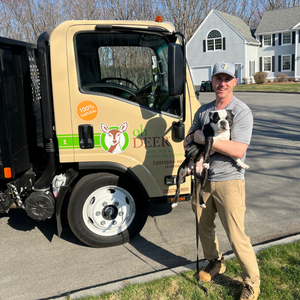 ohDEER franchise owner holding boston terrier dog